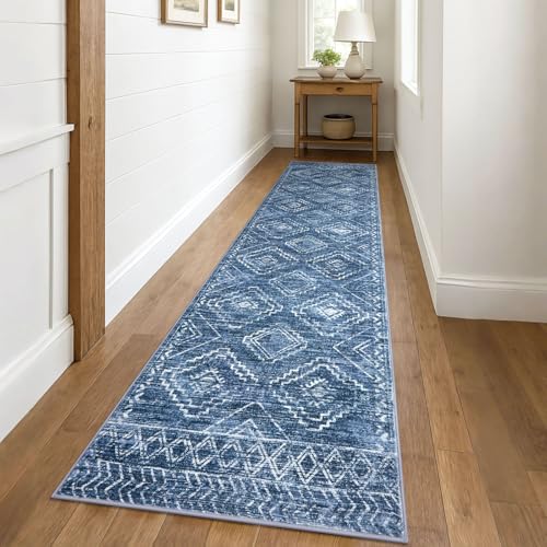 Washable Runner Rug 3x10 Runner for Hallway, Stonewashed Blue