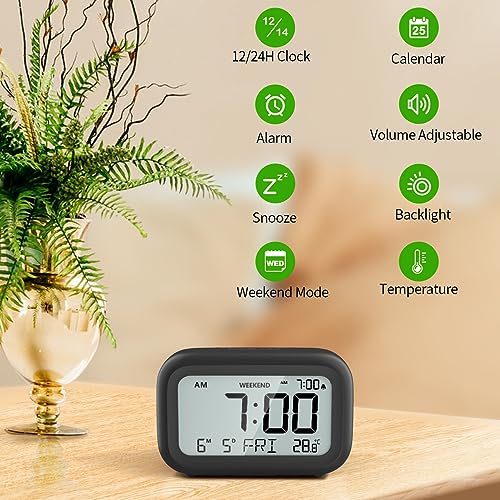 DOOMAY Digital Alarm Clock Bedside - Battery Powered Clock with LCD Display Volume Adjustable Snooze and Weekend Mode for Bedroom Office Desk Travel - Black
