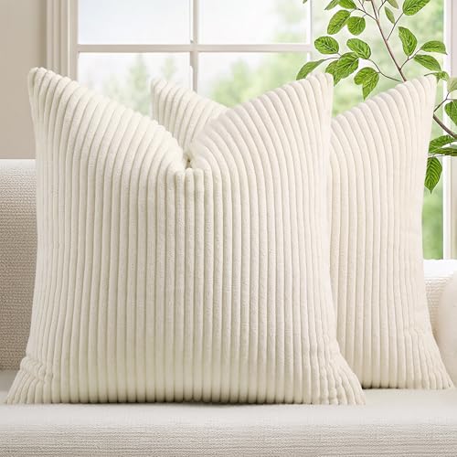 Mecatny Corduroy Summer Decorative Throw Pillow Covers 18x18 Set of 2 for Sofa Living Room, Soft Neutral Boho Couch Pillow Covers for Home Decor, Cream White