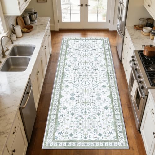 2'6 x 10' Runners Rug for Kitchen Washable (Pale Sage Misty Blue)