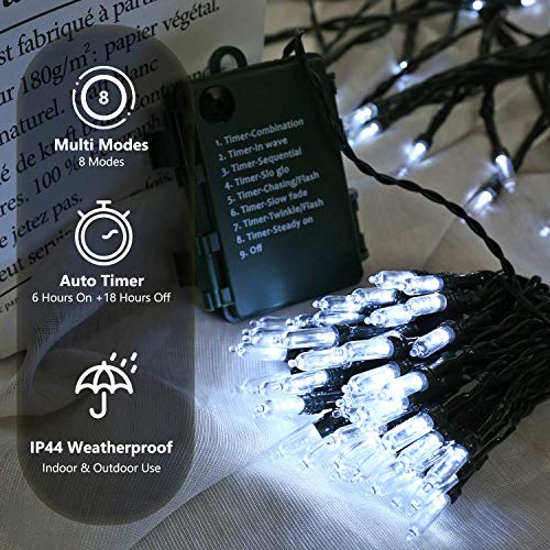 BrizLabs White Christmas Lights, 2 Pack 17.94ft 50 LED Battery Christmas String Lights with Timer, 8 Modes Christmas Tree Lights Indoor Outdoor Christmas Mini Lights for Christmas Tree Wedding Home