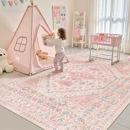 zesthome Pink Rug - 5x7 Area Rugs for Bedroom, Stain Resistant Washable Rugs for Nursery Room, Living Room, Home Decor, Girls Rug (Pink/Blue,5'x7')