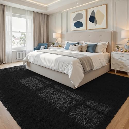 6x9 Fluffy Shag Area Rugs for Living Room Bedroom: Soft Plush Carpet Black