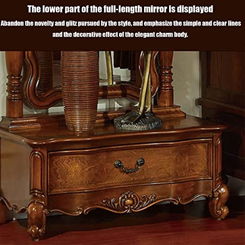 Solid Wood Dressing Mirror Home Floor Mirror Classical Dressing Mirror European Style Retro Bedroom Storage with Pumping Full-Length Mirror