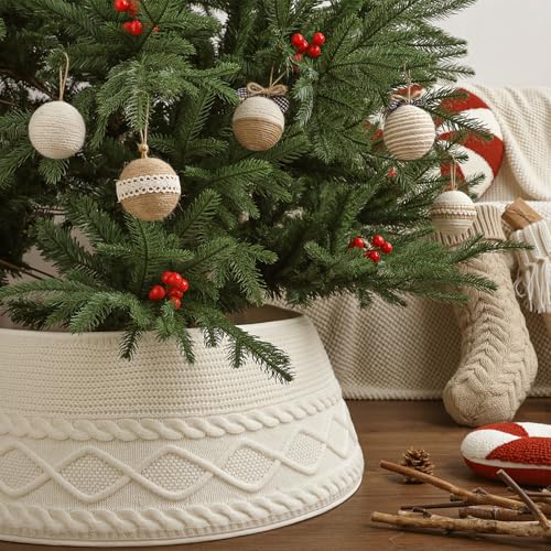 Knitted Christmas Tree Collar: Cream Crossed Diamond Edge Chunky Cable Knit Christmas Tree Collars for Artificial Trees, Farmhouse Rustic Tree Ring Tree Skirt for Christmas Home Décor
