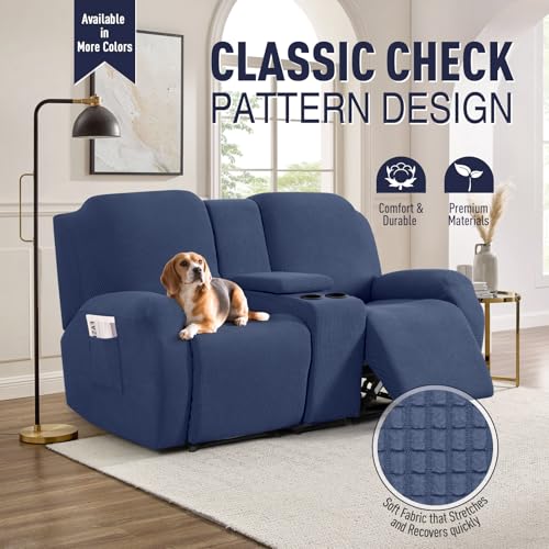 TAOCOCO Recliner Loveseat Cover with Middle Console & Recliner Sofa Covers for 3 Seat, Navy Blue