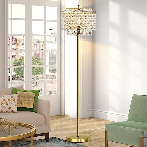 Gold Crystal Floor Lamp, 64" Tall Elegant Standing Lamp with On-Off Foot Switch, Double-Layer Lampshade, Standing Floor Lamps for Living Room, Bedroom, Office, 8W LED Bulb Included