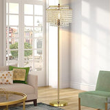 Gold Crystal Floor Lamp, 64" Tall Elegant Standing Lamp with On-Off Foot Switch, Double-Layer Lampshade, Standing Floor Lamps for Living Room, Bedroom, Office, 8W LED Bulb Included