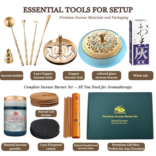 Powder Incense Burner Kit with Brass Censer, Incense Ash Tools and Mold Press Set, Complete Gift Box for Meditation, Yoga and Home Relaxation