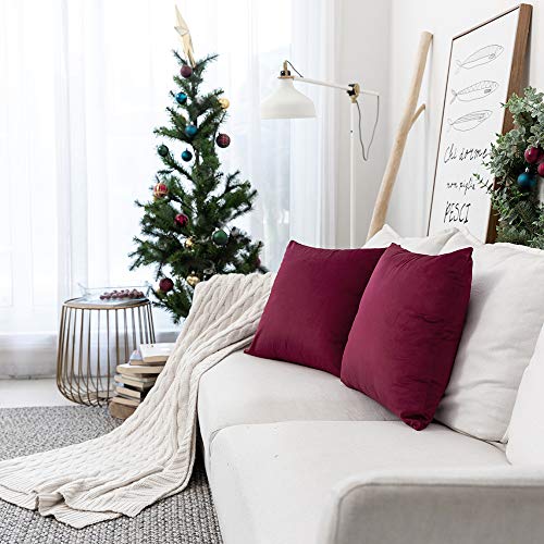 Set of 2 Comfortable Velvet Throw Pillow Cases, Decorative Solid Cushion Covers for Sofa Couch and Bed - 20"x20", Burgundy