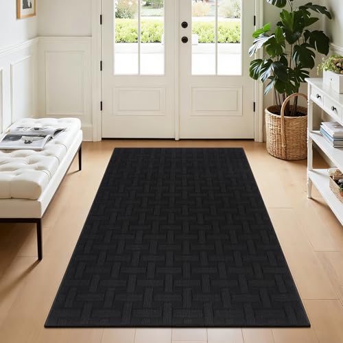 Indoor Door Mat 3x5ft, Absorbent Muddy Mats for Dogs, Low-Profile Entrance Large Welcome Mat with Non-Slip Rubber Backing, Washable Runner Carpet for Hallway,Entryway,Kitchen(Black)