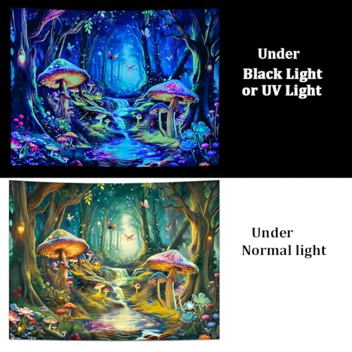 Maccyafst Blacklight Mushroom Tapestry UV Reactive Misty Forest Landscape Tapestry Fantasy Fairy Wonderland Butterflies Wall Hanging Waterfall Jungle Plants Backdrop for Bedroom