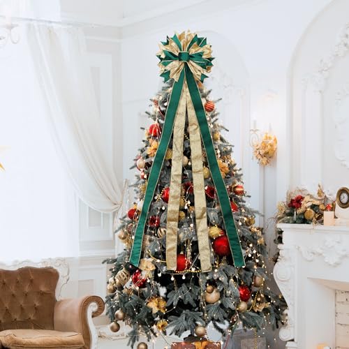 Green Gold Christmas Tree Topper, 40x13 Inches Toppers Bow with Glitter Satin Mesh Streamer and Patterned Ribbon, Christmas Tree Topper Bow for Christmas Home Decoration