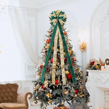 Green Gold Christmas Tree Topper, 40x13 Inches Toppers Bow with Glitter Satin Mesh Streamer and Patterned Ribbon, Christmas Tree Topper Bow for Christmas Home Decoration