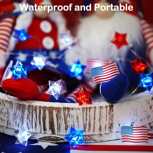 BOHON 4th of July Decorations Battery Operated String Lights with Timer 13 ft 40 LEDs Red White and Blue Star American Flag Lights for Home Patriotic Memorial Independence Day Fourth of July Decor