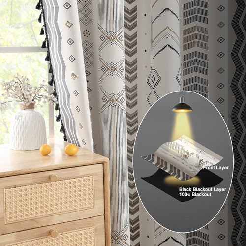 Colorbirtd 100% Blackout Boho Curtains Heat Sun Blocking for Bedroom Living Room 84 Inches Thermal Curtains for Summer Heat Sun Blocking Black and White Western Southwest Black Out Drapes Sliding Door