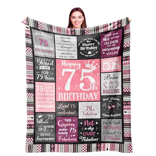 Ivivis 75th Birthday Gifts for Women Throw Blanket 60”x50”, Happy 75th Birthday Decorations for Women, 1951 Bday Gift for 75 Year Old Woman Mom Grandma Friend