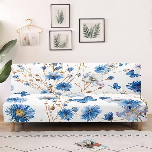 Stretch Futon Cover Without Arms Couch Sofa Bed Slipcover with Elastic Bottom Futon Couch Cover Non-Slip Furniture Protector for Living Room Decoration, Blue Floral Butterfly