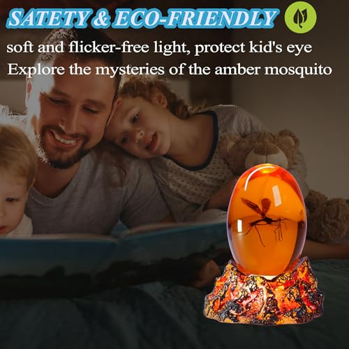 Jurassic 3D Mosquito in Amber Resin, Mosquito Resin with Volcanic Lava Lamp Base with Remote 16 Colors Flashing RGB Dimmable, True 3D 3.3 Inches Tall Dinosaur DNA Replica Paper Weight Gifts