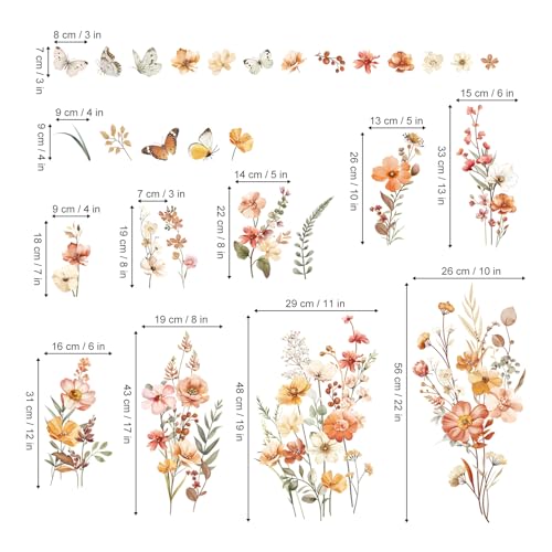 decalmile Boho Flower Wall Decals Garden Floral Butterflies Wildflower Wall Stickers Girls Bedroom Living Room Baby Nursery Wall Decor