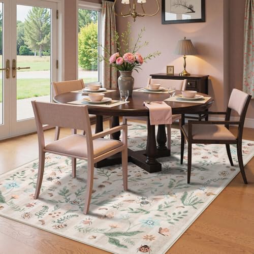 Lahome Washable Insect Botanical 6x9 Area Rugs for Nursery - Machine Washable Non-Slip Beige Bedroom Rug, Boho Low Profile Soft Faux Wool Carpet for Living Room Laundry Playroom Dining Room