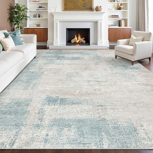 Washable Rug 8x10, Neutral Abstract Rugs for Living Room Blue