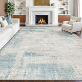 Washable Rug 8x10, Neutral Abstract Rugs for Living Room Blue