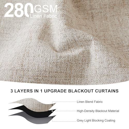 PONY DANCE Beige Linen Blackout Curtains 84 Inch Long for Bedroom Living Room, Cream Back Tab/Rod Pocket Full Black Out Drapes Rustic Farmhouse Curtains for Window, 52" X 84" 7 FT, 2 Panels, Natural