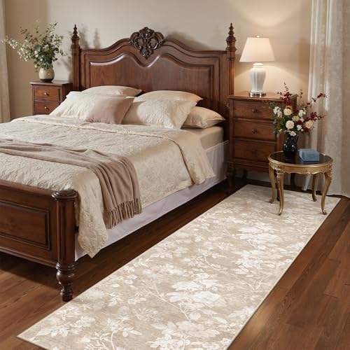 Soalmost Floral Runner Rug 2.5x8 for Hallway, Washable Soft Neutral Rug Tan