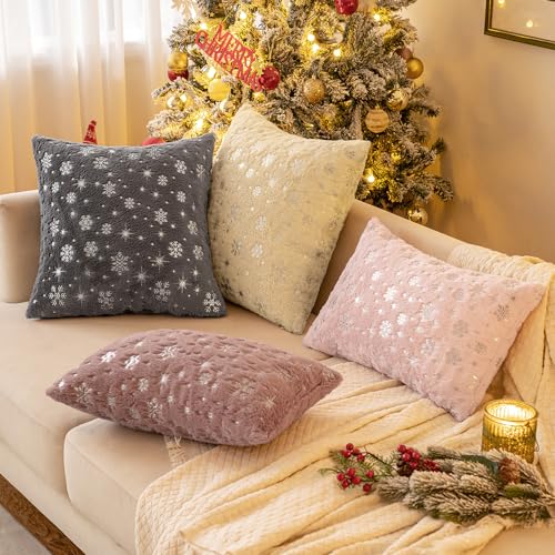 MIULEE Christmas Decorations Pillow Covers 20x20 Beige Silver Snowflake