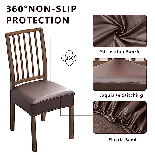 NILUOH Waterproof Seat Covers for Dining Room Chairs Set of 4, Pu Leather Chair Seat Slipcovers Dining Chair Cover Removable Washable Chair Protctor Cover, Rear Covers (PU-Coffee)
