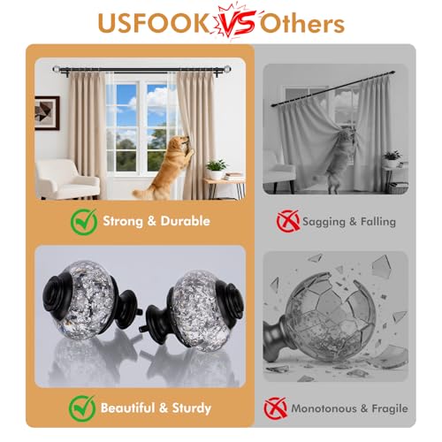 1 Inch Black Double Curtain Rod for Windows 66 to 120 Inches (5.5 to 10 Ft), USFOOK Adjustable Curtain Pole, Crystal Window Treatment Rods for Sliding Glass Door, Wall mounted