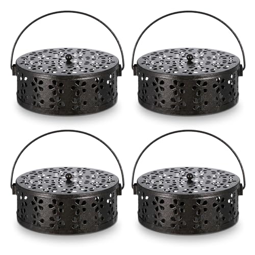 4 Pcs Portable Mosquito Coil Holder with Lid, Round Heat-Resistant Iron Alloy Incense Burner Box for Outdoor Camping, Balcony, Patio, Travel (Bronze)