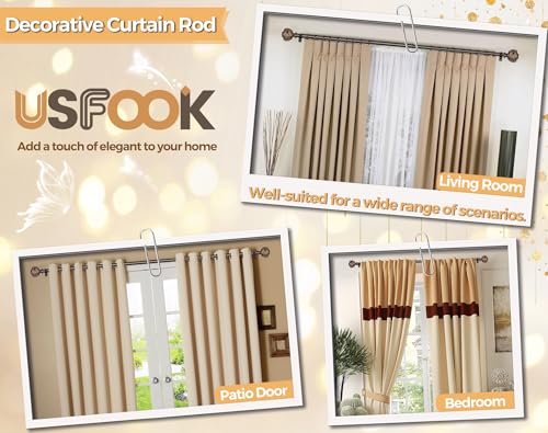 Bronze Curtain Rod 32 to 58 Inches (2.6 to 4.8 ft), USFOOK 7/8 Inch Telescoping Splicing Curtain Rods for Windows 20 to 54 Inch, Drapery Rods with Leaf Finials