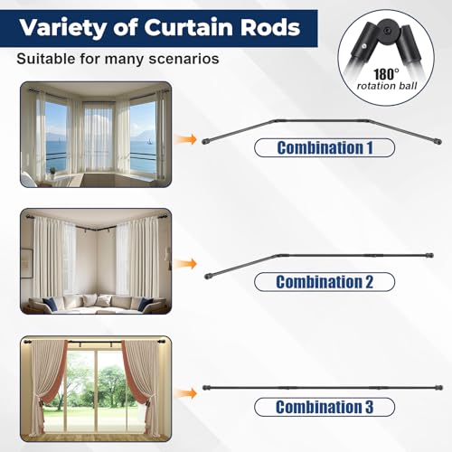 Bay Window Curtain Rods 1 Inch Rustproof Metal Corner Curtain Rod for Windows 59-184” Adjustable U Shape Rod - Foldable Corner Solution for Bay/Box/U Shaped Windows (Matte Black)
