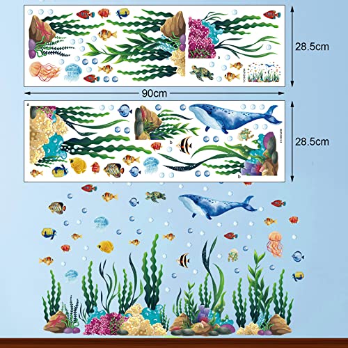 300 Pcs Ocean Wall Decals Stickers Under The Sea Ocean Animal Peel and Stick 2 Sheets Large Coral Reef and Seaweed, Bubbles Vinyl Sticker for Kids Toddler Baby Nursery Living Room Office Bathroom