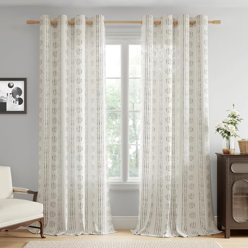 Boho Linen Curtains for Bedroom Living Room Black Farmhouse Boho Curtains 84 Inches Long Geometric Striped Patterned Mudcloth Grommet Top Light Filtering Window Drapes 2 Panels Black on Beige