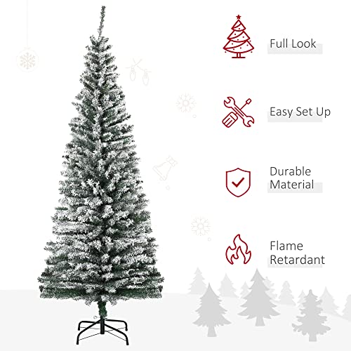 HOMOM 6ft Flocked Christmas Tree, Pencil Artificial Xmas Tree with Faux Snow, Dense Branches, Foldable Metal Base for Indoor Holiday Decor
