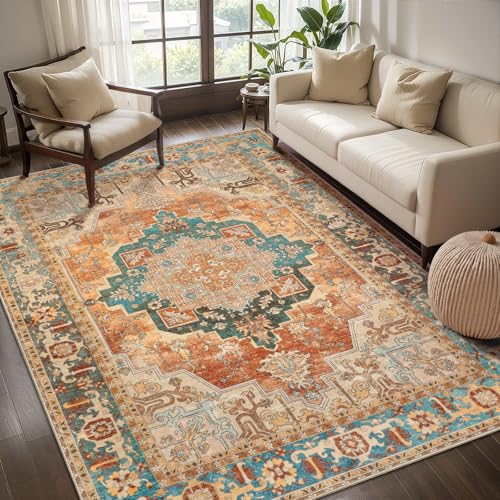 Tangsoo Orange 5x7 Washable Area Rugs for Living Room, Vintage Non Slip Rug