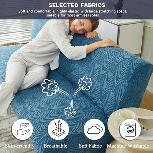 Stretch Armless Futon Sofa Cover- Futon Slipcover Full Queen Size Futon Couch Cover, Furniture Protector with Elastic Bottom, Washable, Polyester Spandex Jacquard Fabric (Orange, Medium(61"-73"))