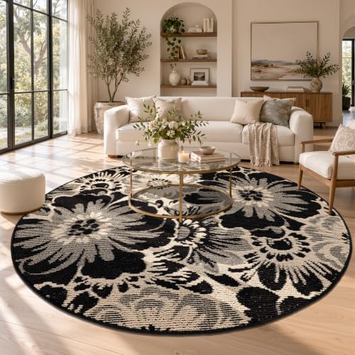 Findosom Washable Round Rug 4ft, High-Low Textured Floral Circle Area Rug