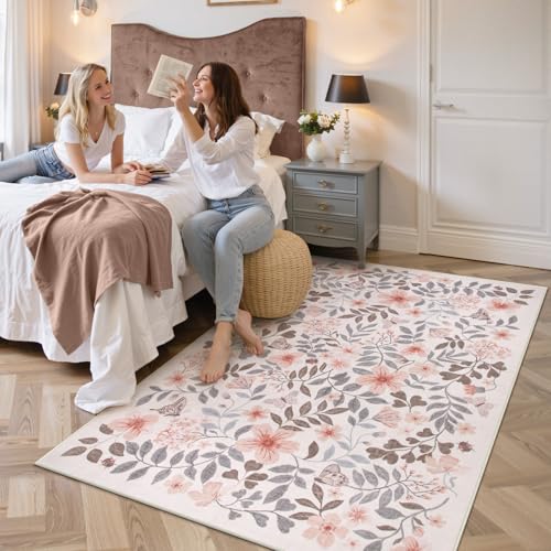 Lahome Apricot Girls Bedroom Nursery Rug, 5x7 Fall Floral Boho Area Rug
