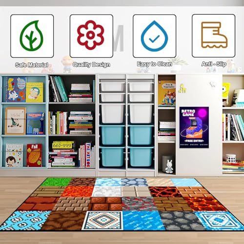 Game Rug Teen Boys Carpet with Pixel Game Element Decoration, 8 Bit Old Games Rugs for Boy’s Bedroom Living Room Playroom, Non-Slip Children Gaming Area Rugs (70" x 55")
