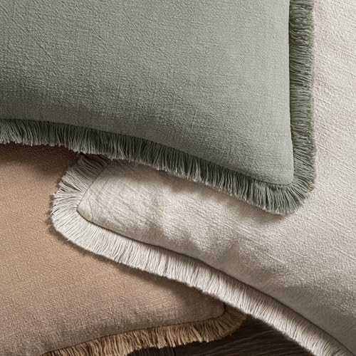 MIULEE Decorative Throw Pillow Covers Neutral Linen Fringe Throw Pillows Set of 2 Natural Beige Boho Farmhouse Cushion Covers with Tassels for Couch Sofa Bed Spring Home Decor 20x20 Inch