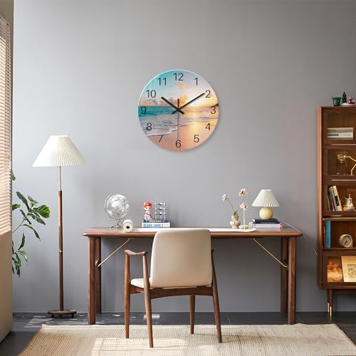 Beach Wall Clock Battery Operated 12 Inch Glass Wall Clock Non Ticking Analog Blue Wall Clocks for Bedroom Living Room Office Decor