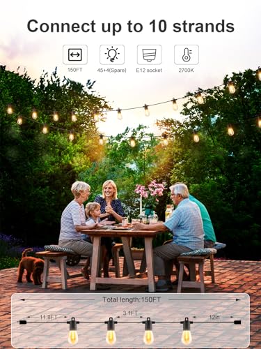 Svater Outdoor String Lights 150 FT, Patio Lights for Outside with Shatterproof Bulbs, IP65 Waterproof Commercial Grade LED Hanging Light for Backyard Bistro Market Cafe, Black