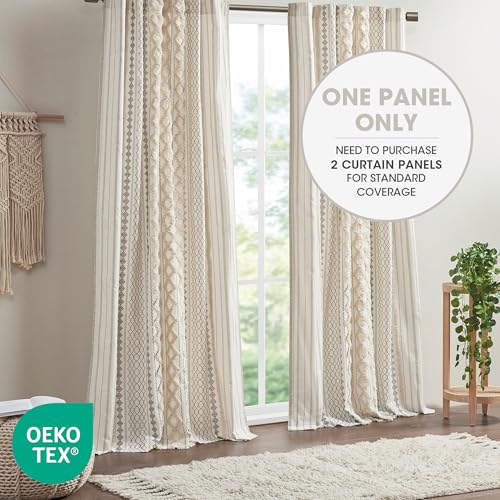 INK+IVY Imani 100% Cotton SINGLE PANEL Curtain Tufted Chenille Stripe Geometric Print Mid-Century Look Rod Pocket Top Drape for Living Room, Privacy Window Treatment for Bedroom, 50" x 84", Ivory