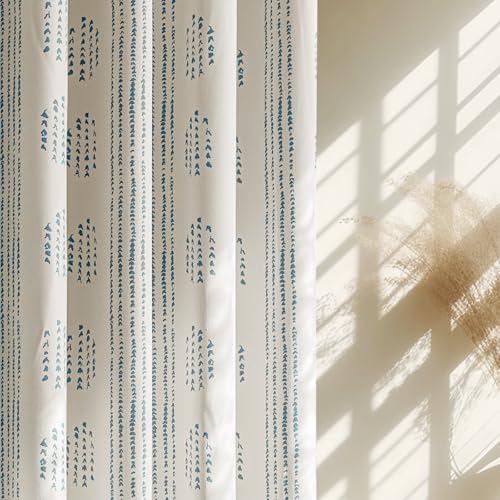 100% Boho Blackout Curtains 84 Inches Long for Bedroom, Blue on Beige Patterned Bohemian Curtains for Living Room, Geometric Striped Thermal Insulated Window Drapes Grommet Top 2 Panels