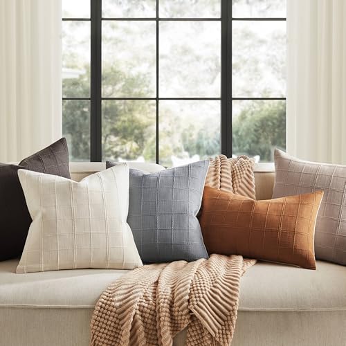 ZeeMart Linen Checked Throw Pillow Covers Set of 2, 18x18 Inch Ivory/Cream, Farmhouse Decorative Single Sided Grid Embroidered Couch Pillow Cases Off White Cotton Linen Cushion Covers
