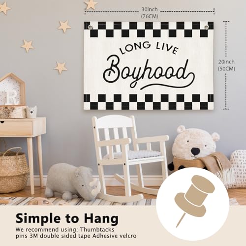 Long Live Boyhood Black and White Checkered Boys Room Decor - Cars Room Decor Linen Banner Wall Hanging Canvas Banner Flag Decor for Toddler Boy Bedroom Nursery Playroom Birthday Party